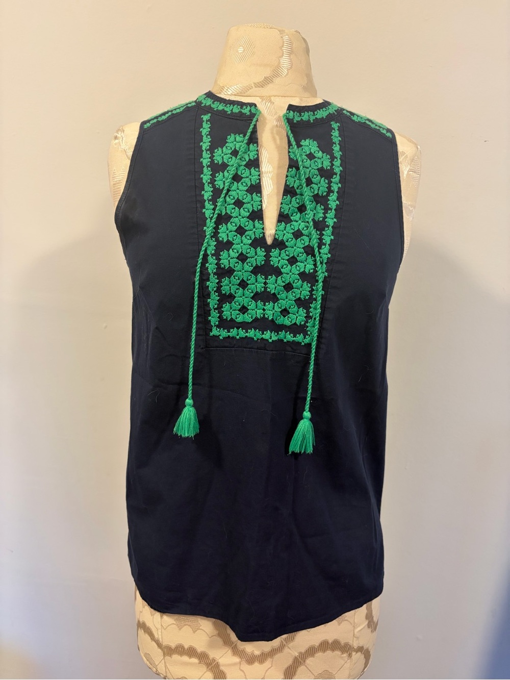 J. Crew Navy Sleeveless Camisole with Green Embroidery and Tassels